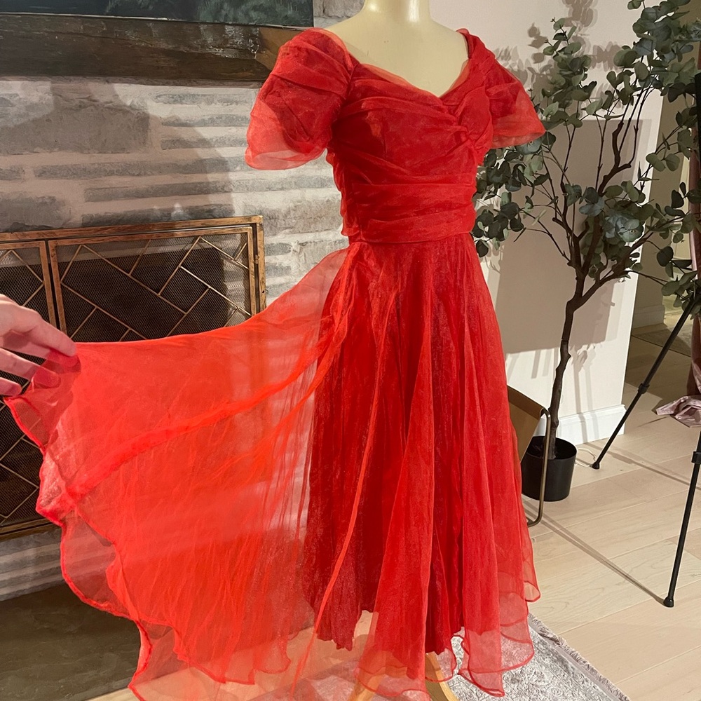 1950s red pinup swing sheer red dress - Picture 3 of 9